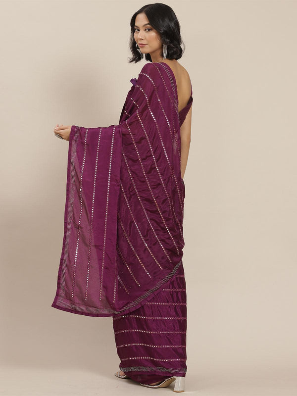 Women's Wine Elegant Mirror Work Saree - Odette