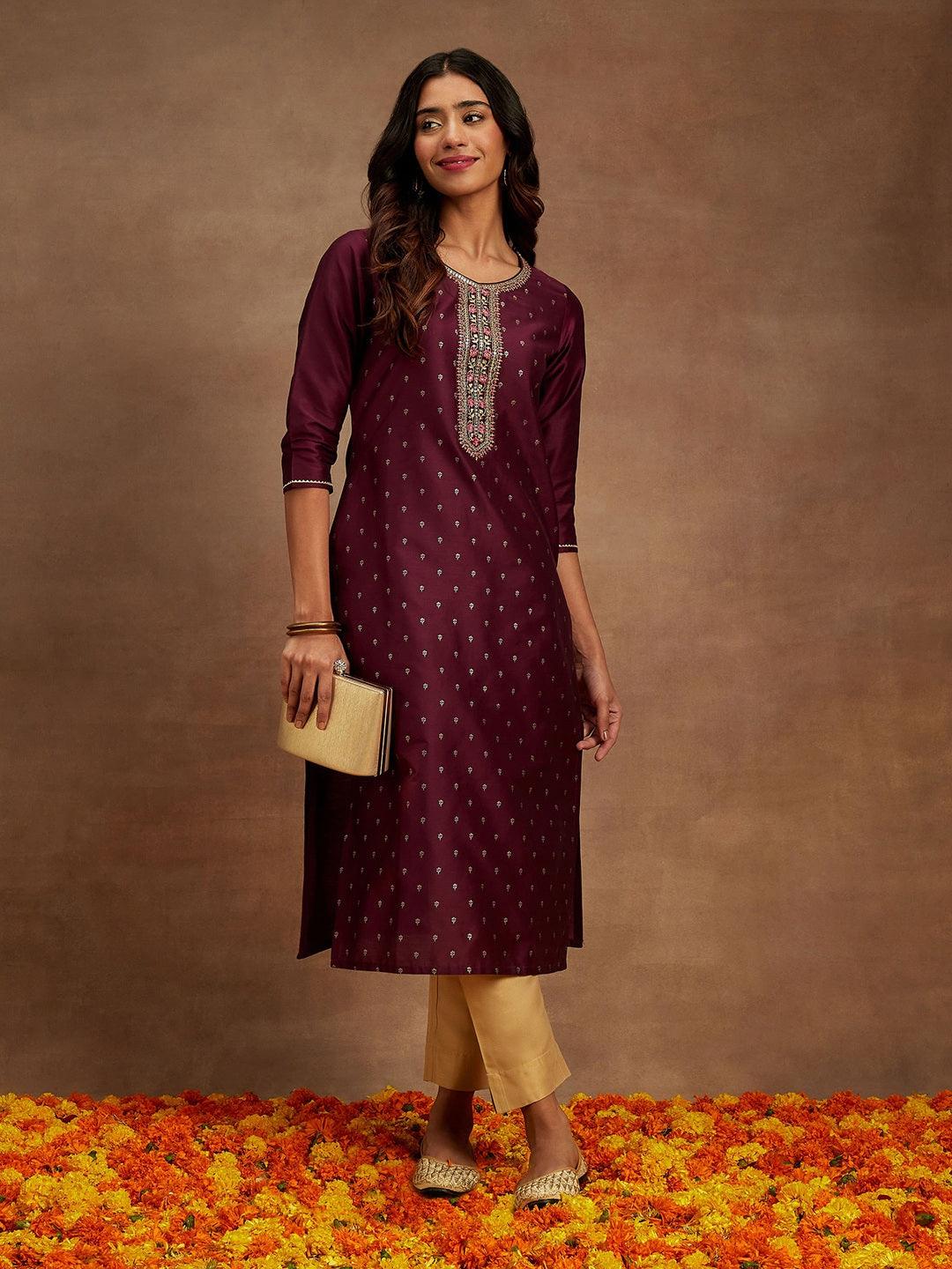 Wine Embellished Chanderi Silk Straight Kurta - Jashvi