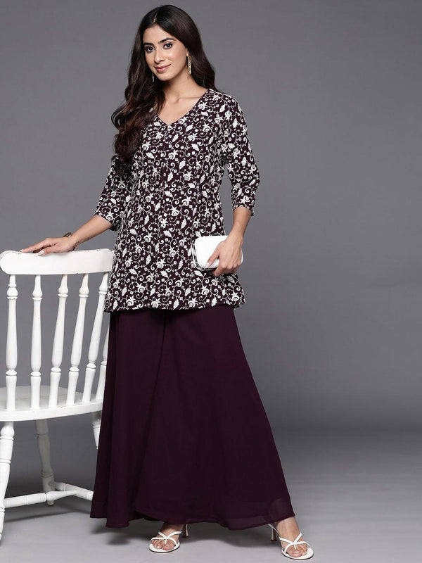 Wine Embellished Georgette Tunic With Palazzos - Jashvi