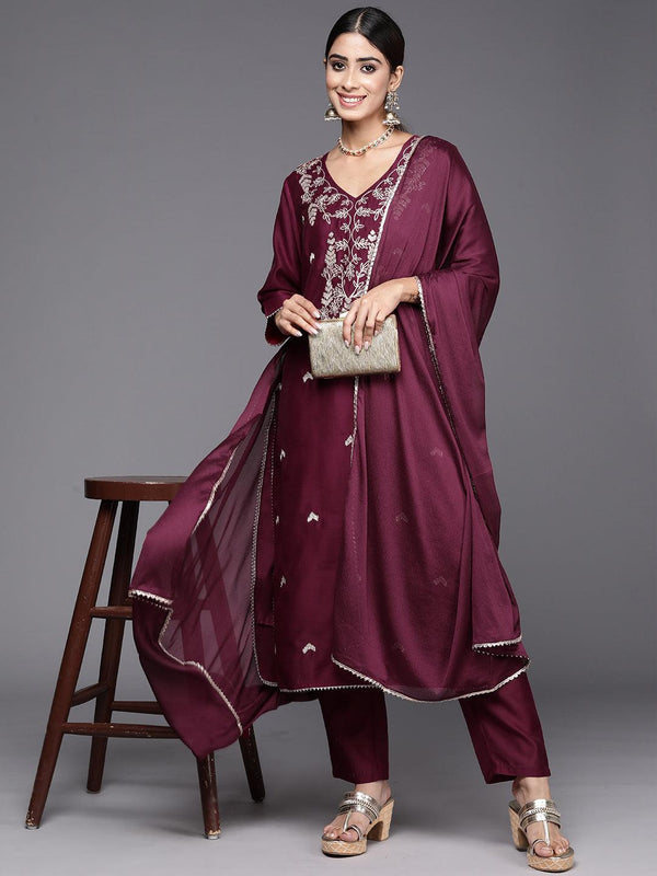 Wine Embroidered Chanderi Silk Straight Kurta With Trousers & Dupatta - Jashvi