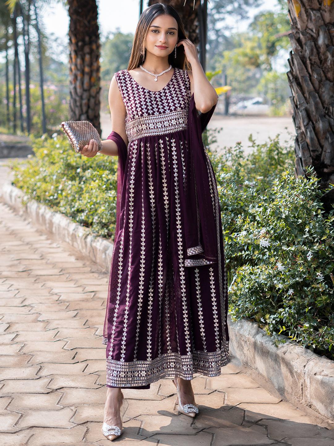 Wine Embroidered Georgette A-Line Kurta With Trousers & Dupatta - Jashvi