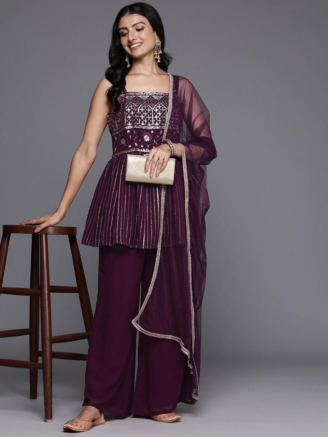 Wine Embroidered Georgette A-Line Kurti With Palazzos & Dupatta - Jashvi