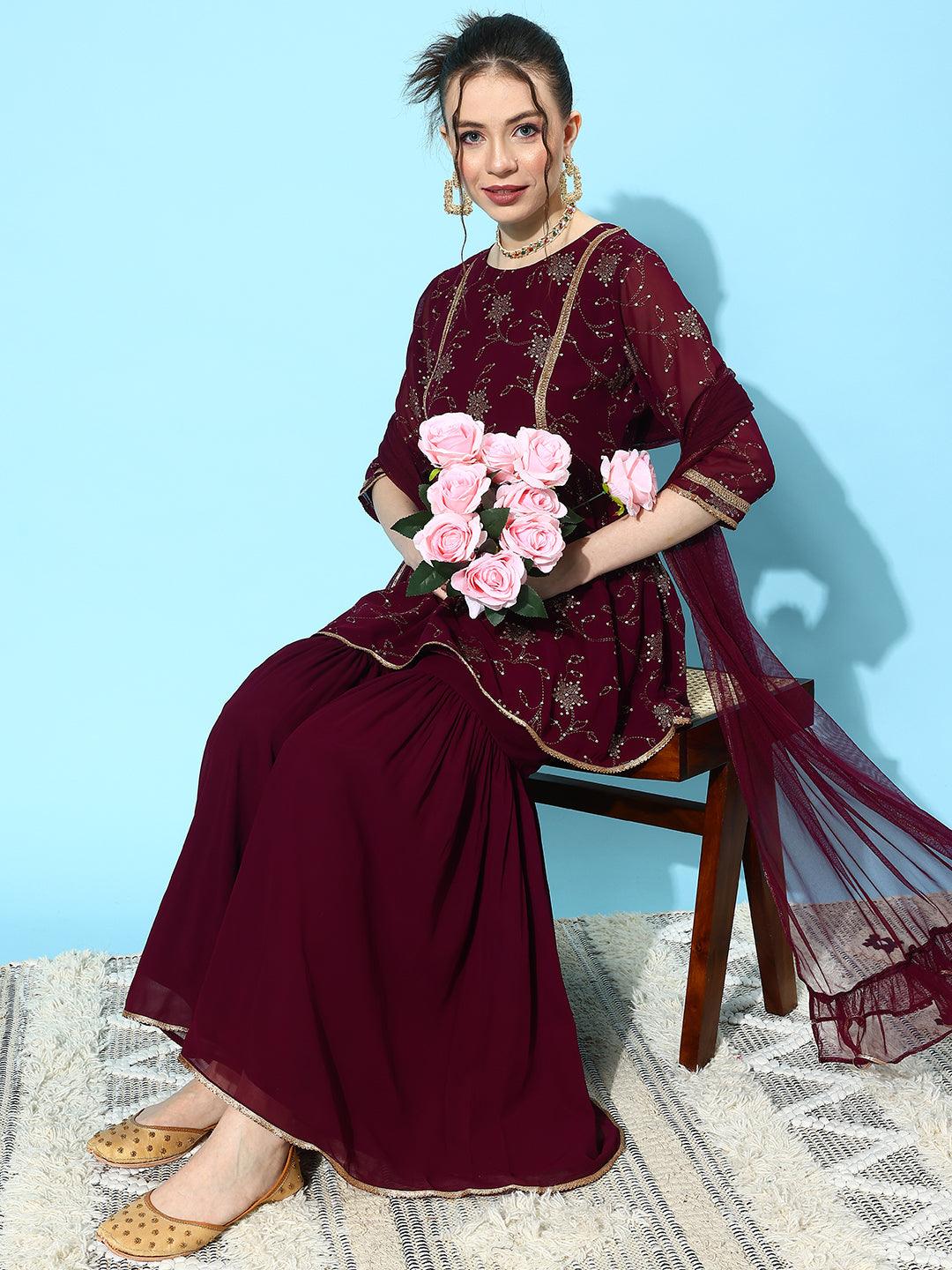 Wine Embroidered Georgette A-Line Kurti With Sharara & Dupatta - Jashvi