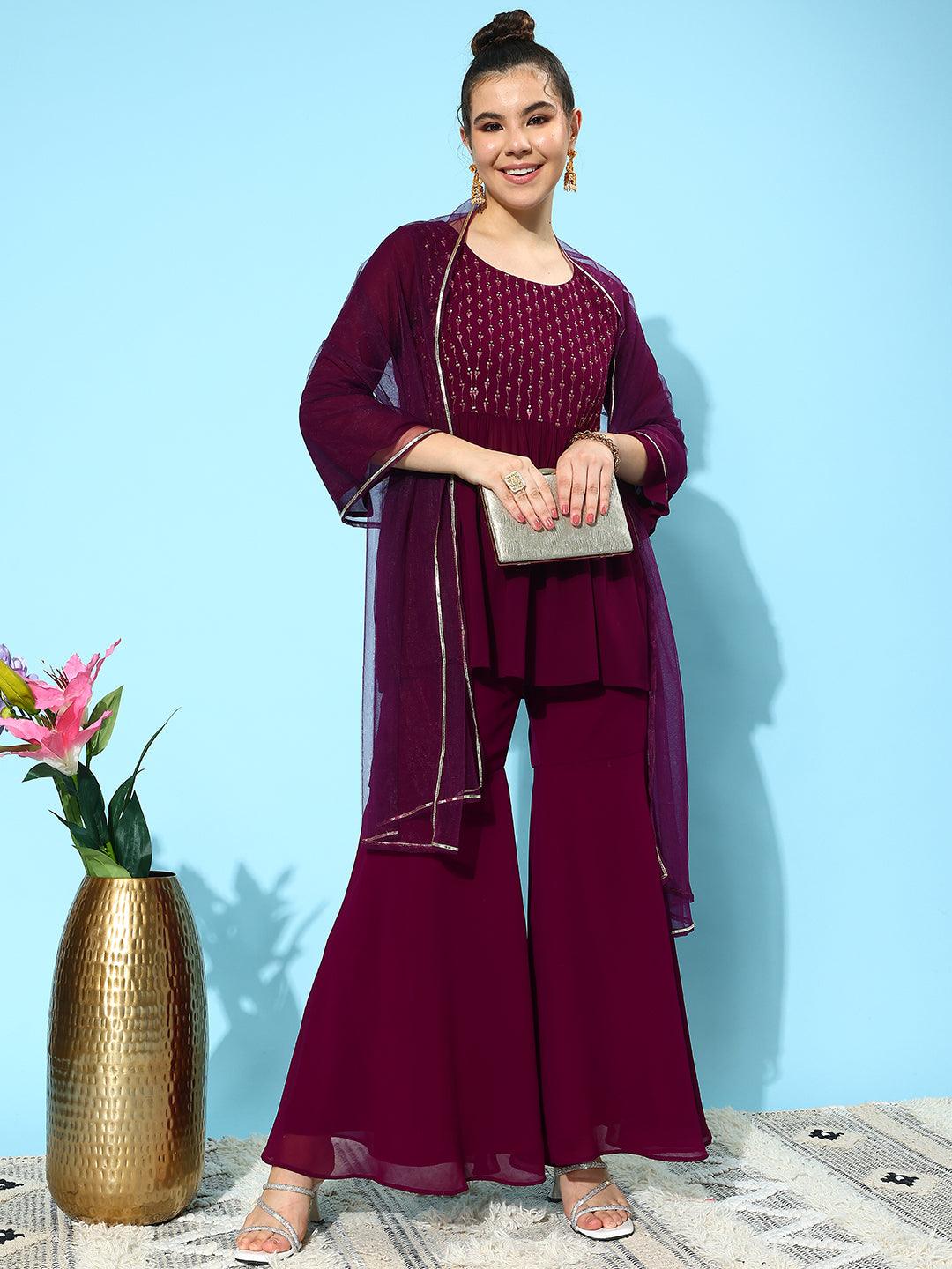 Wine Embroidered Georgette A-Line Kurti With Sharara & Dupatta - Jashvi