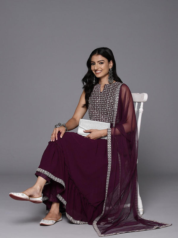 Wine Embroidered Georgette Anarkali Kurta With Trousers & Dupatta - Jashvi