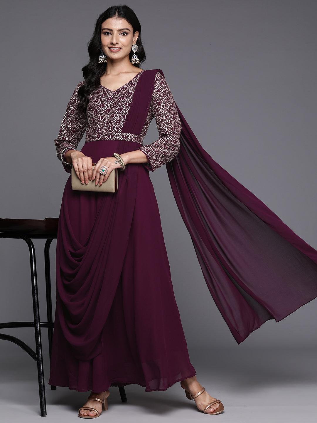 Wine Embroidered Georgette Gown Dress - Jashvi