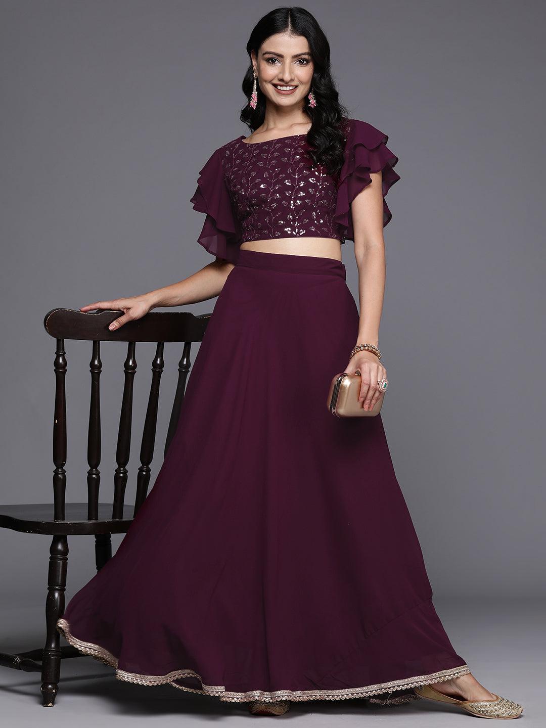 Wine Embroidered Georgette Lehenga Set - Jashvi