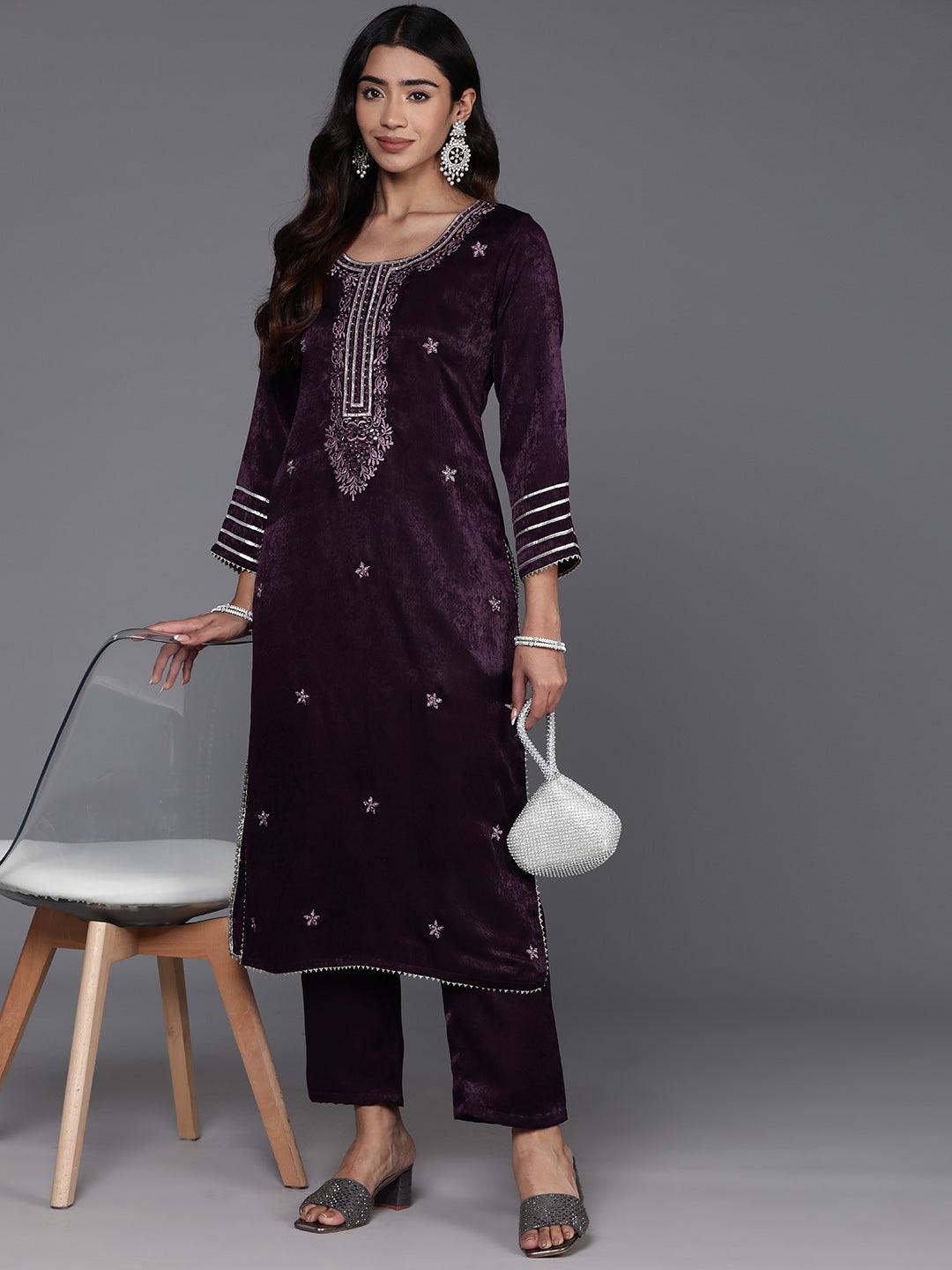 Wine Embroidered Polyester Straight Kurta With Trousers - Jashvi