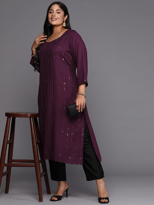 Wine Embroidered Rayon Straight Kurta - Jashvi