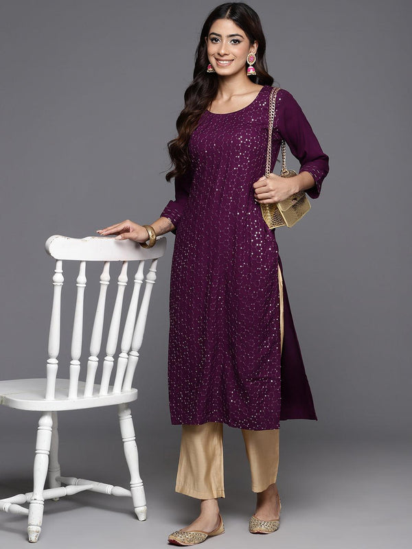 Wine Embroidered Rayon Straight Kurta - Jashvi