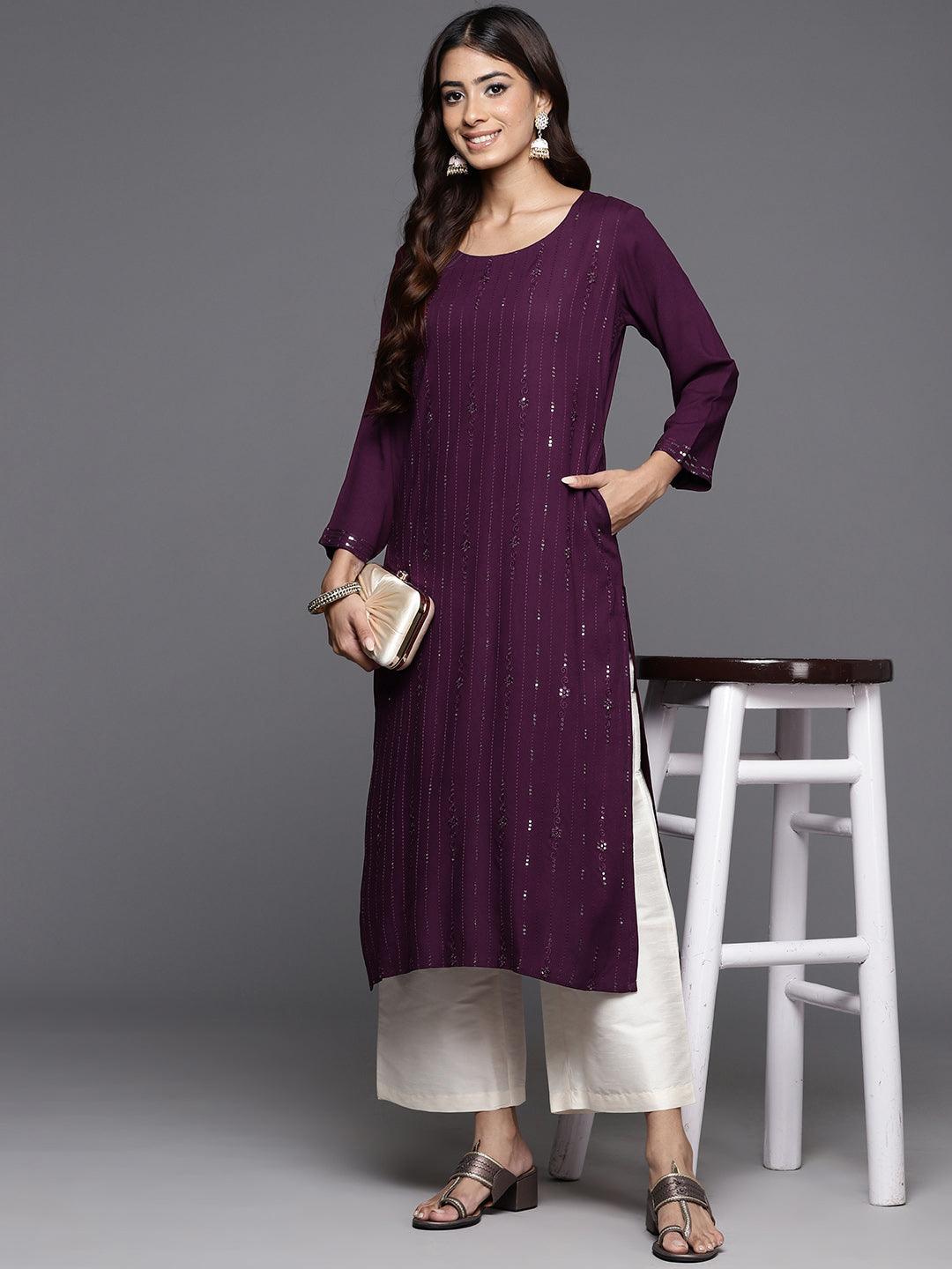 Wine Embroidered Rayon Straight Kurta - Jashvi