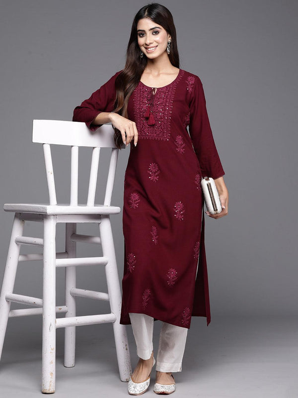 Wine Embroidered Rayon Straight Kurta - Jashvi