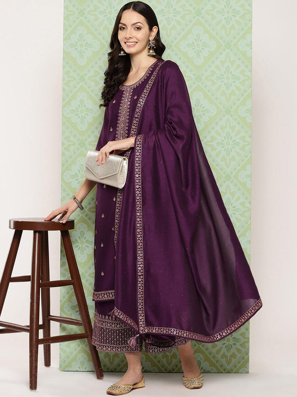 Wine Embroidered Silk Blend Straight Kurta With Palazzos & Dupatta - Jashvi