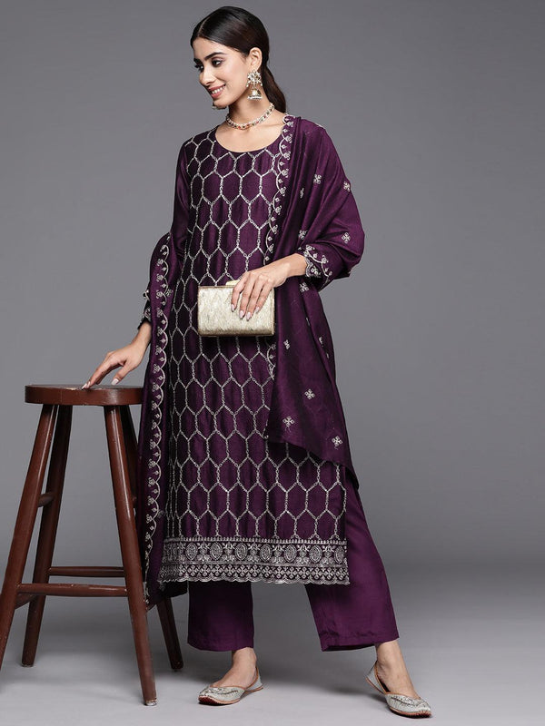 Wine Embroidered Silk Blend Straight Kurta With Trousers & Dupatta - Jashvi