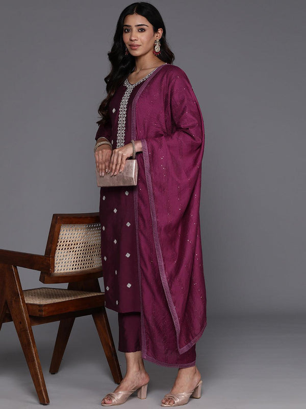 Wine Embroidered Silk Blend Straight Kurta With Trousers & Dupatta - Jashvi