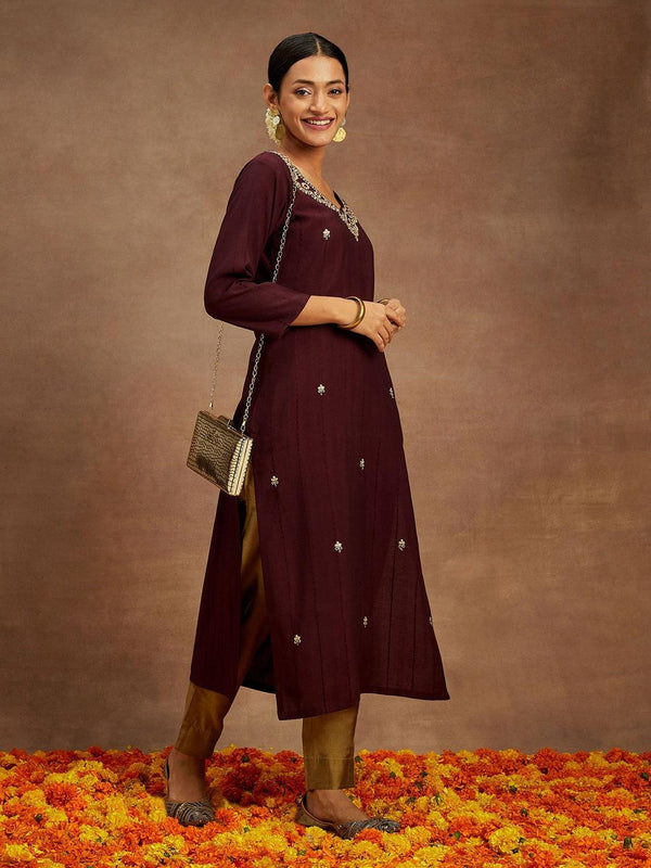 Wine Embroidered Silk Straight Kurta - Jashvi