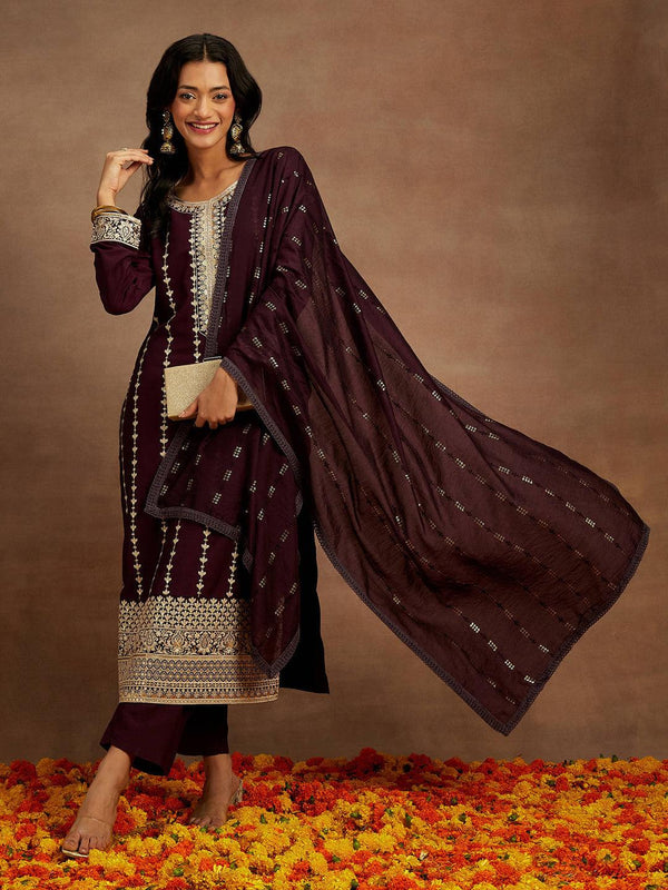 Wine Embroidered Silk Straight Kurta With Trousers & Dupatta - Jashvi