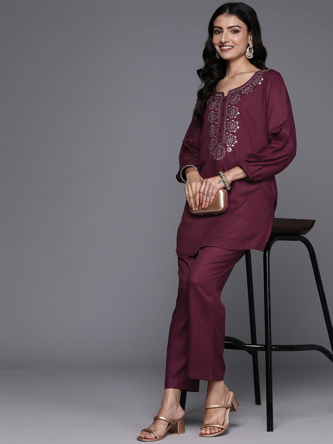 Wine Embroidered Wool Blend Tunic With Trousers - Jashvi