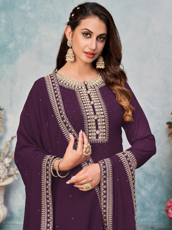 Women's Wine Faux Georgette Heavy Embroidery Kurta Set - Odette