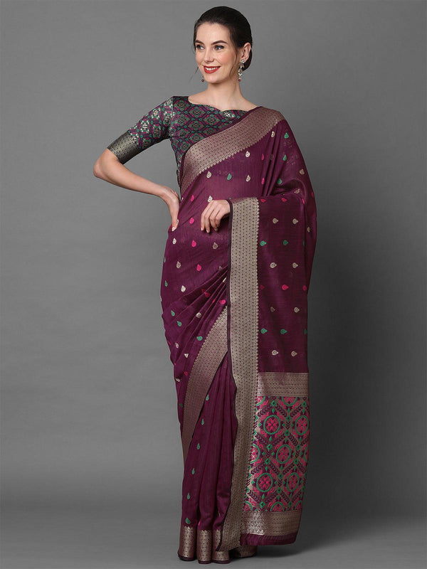 Women's Wine Festive Cotton Blend Woven Design Saree With Unstitched Blouse - Odette