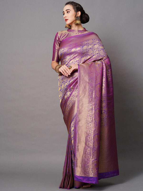 Women's Wine Festive Silk Blend Woven Design Saree With Unstitched Blouse - Odette