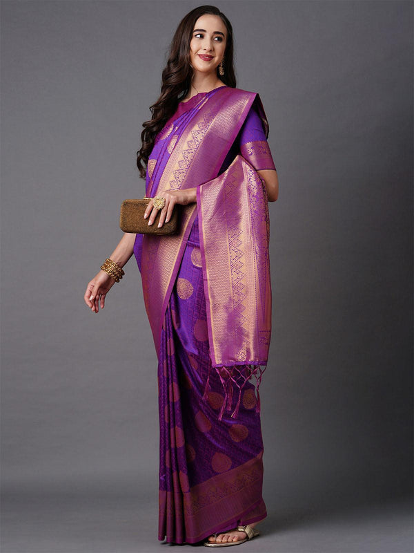 Women's Wine Festive Silk Blend Woven Design Saree With Unstitched Blouse - Odette