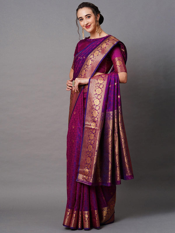 Women's Wine Festive Silk Blend Woven Design Saree With Unstitched Blouse - Odette