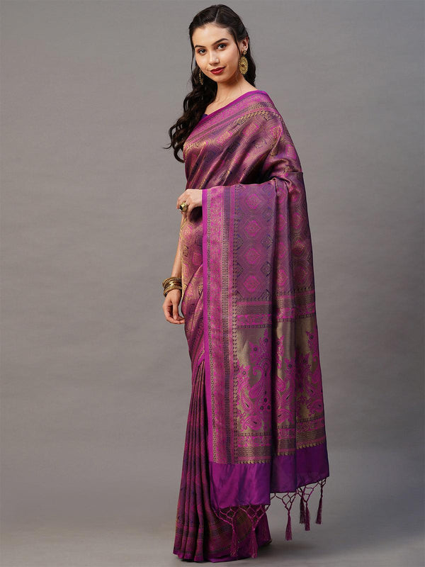 Women's Wine Festive Silk Blend Woven Design Saree With Unstitched Blouse - Odette