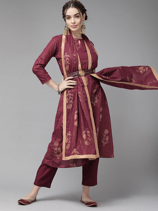 Women's Wine Foil Printed Straight Kurta Trouser With Dupatta Set - Odette