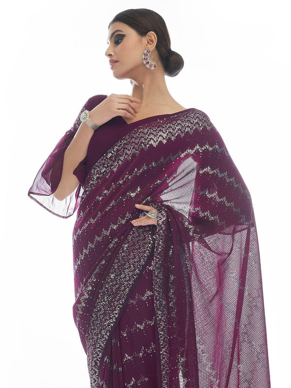 Women's Wine Georgette Sequin Saree - Odette