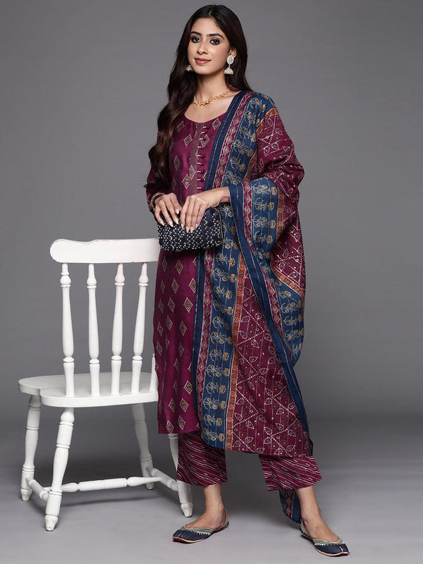 Wine Printed Silk Blend Straight Kurta With Trousers & Dupatta - Jashvi