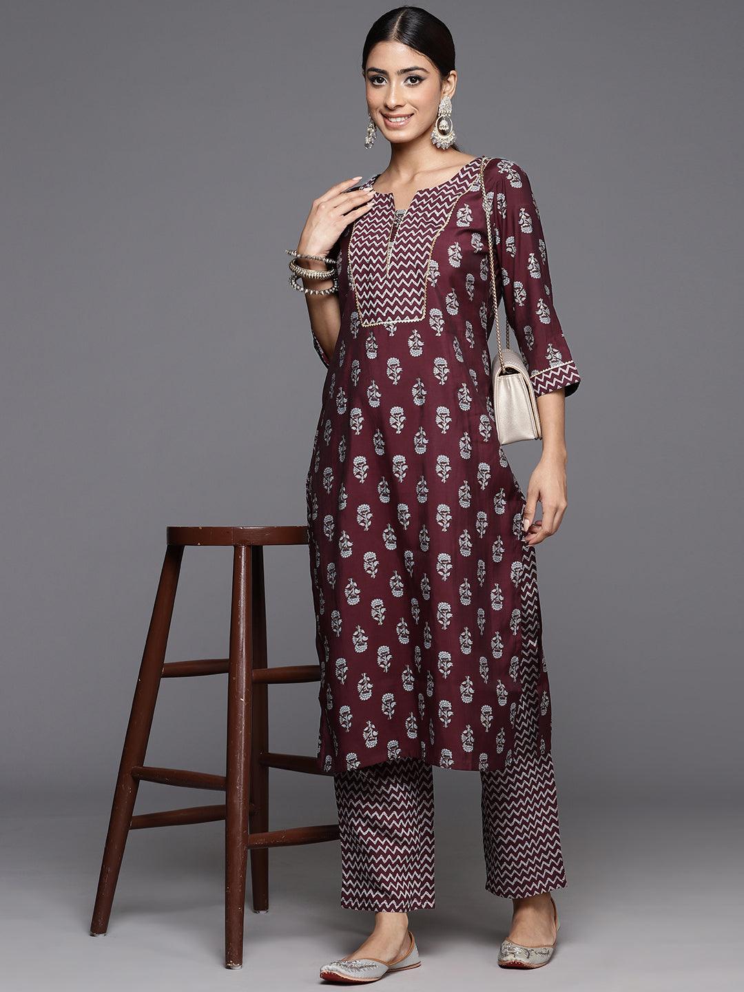 Wine Printed Silk Blend Straight Kurta With Trousers - Jashvi