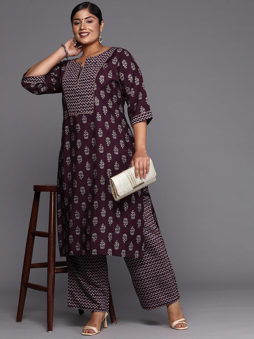 Wine Printed Silk Blend Straight Kurta With Trousers & Dupatta - Jashvi