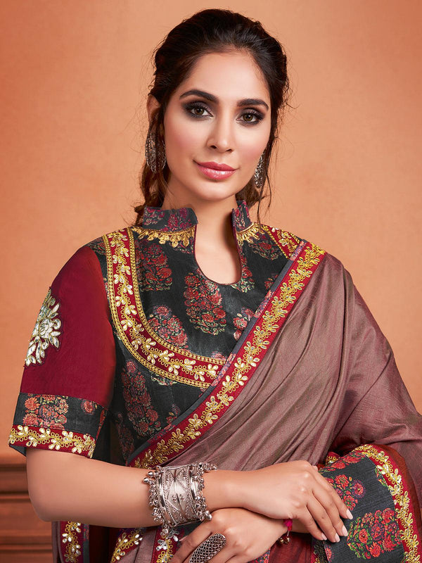 Women's Wine Shaded Silk Designer Saree With Blouse - Odette