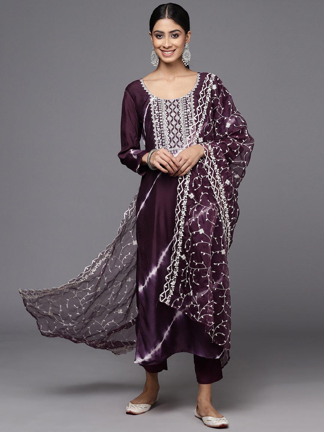 Wine Silk Blend Straight Kurta With Trousers & Dupatta - Jashvi