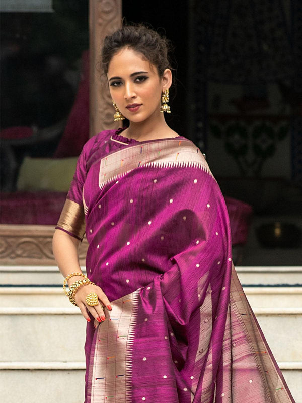 Women's Wine Tussar Silk Paithani Saree - Odette