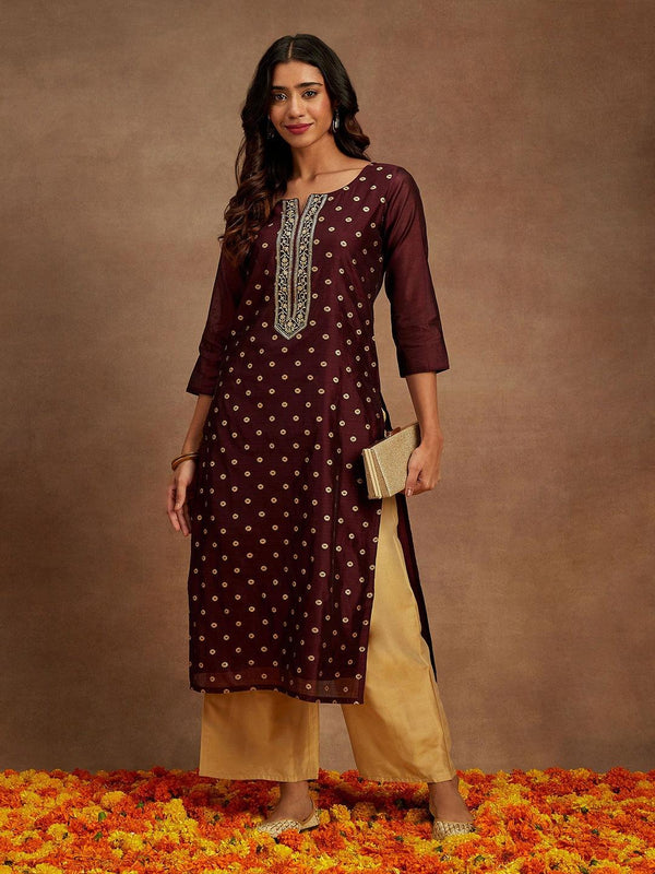 Wine Woven Design Chanderi Silk Straight Kurta - Jashvi