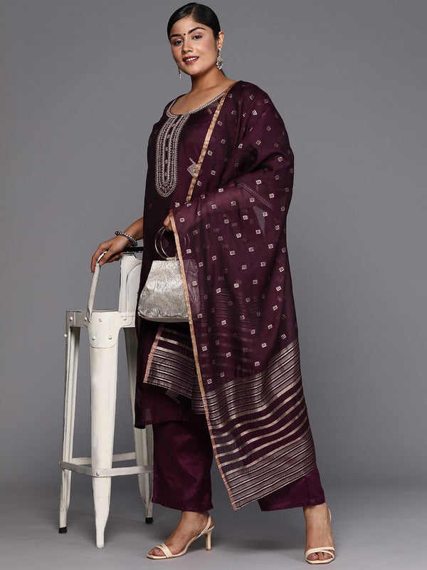 Wine Woven Design Chanderi Silk Straight Kurta With Trousers & Dupatta - Jashvi