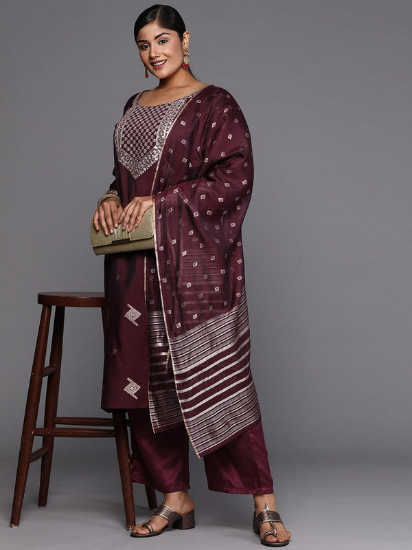 Wine Woven Design Chanderi Silk Straight Kurta With Trousers & Dupatta - Jashvi