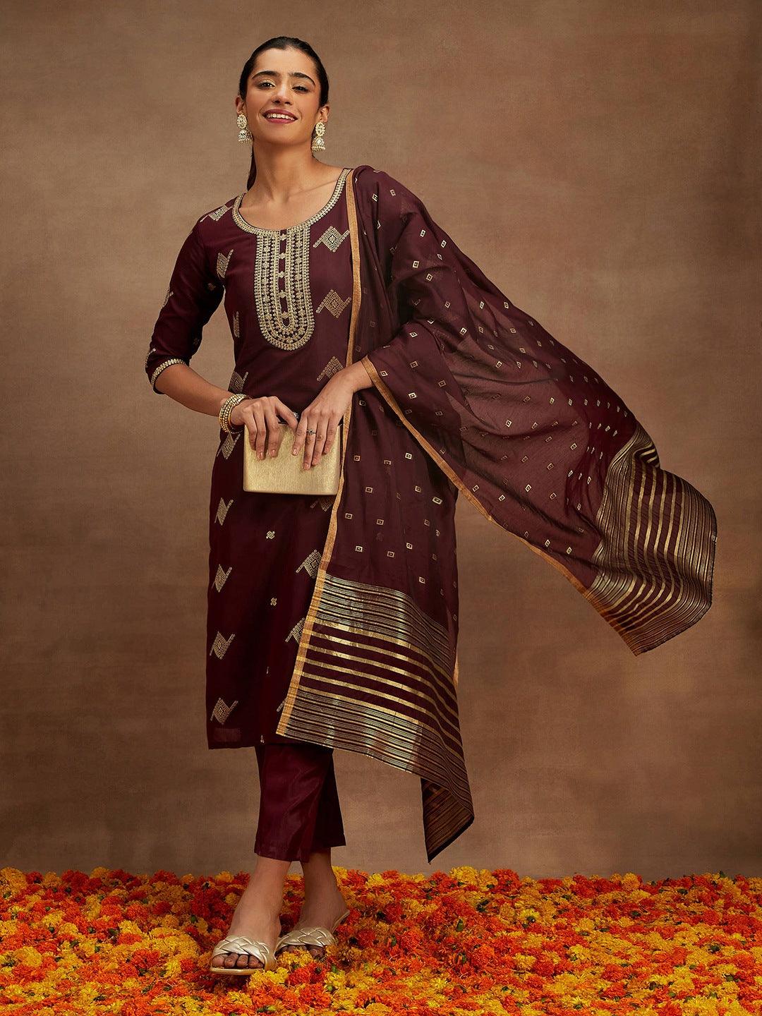 Wine Woven Design Chanderi Silk Straight Kurta With Trousers & Dupatta - Jashvi