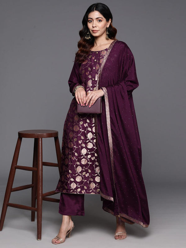 Wine Woven Design Silk Blend Straight Kurta With Trousers & Dupatta - Jashvi