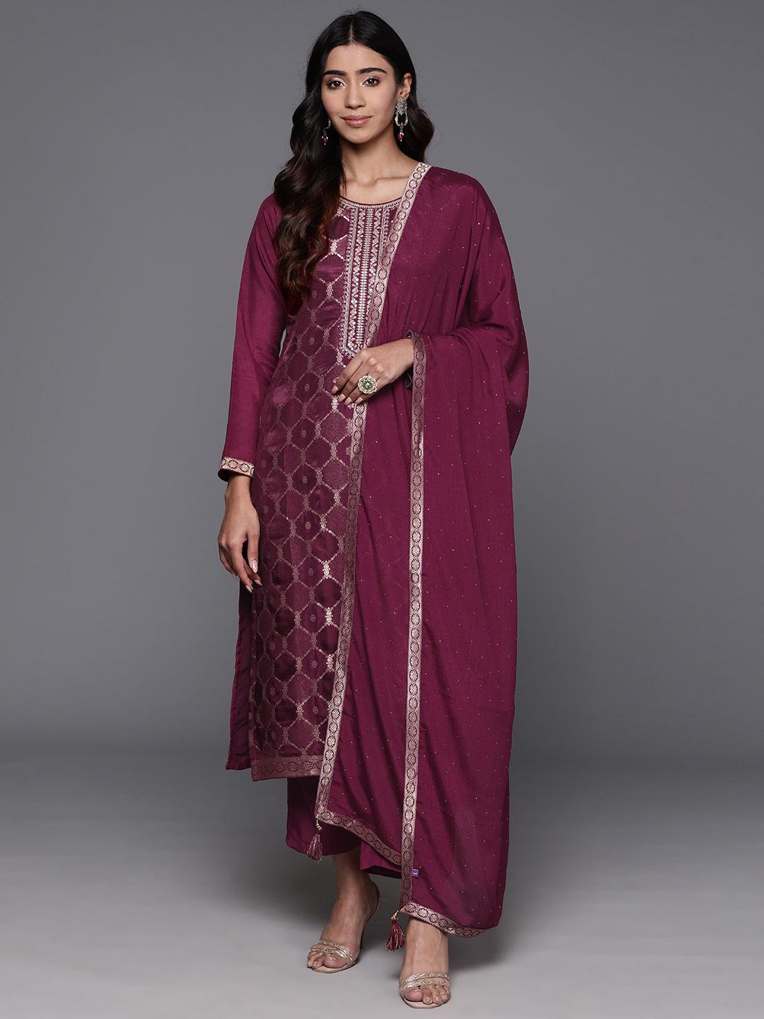 Wine Woven Design Silk Blend Straight Kurta With Trousers & Dupatta - Jashvi