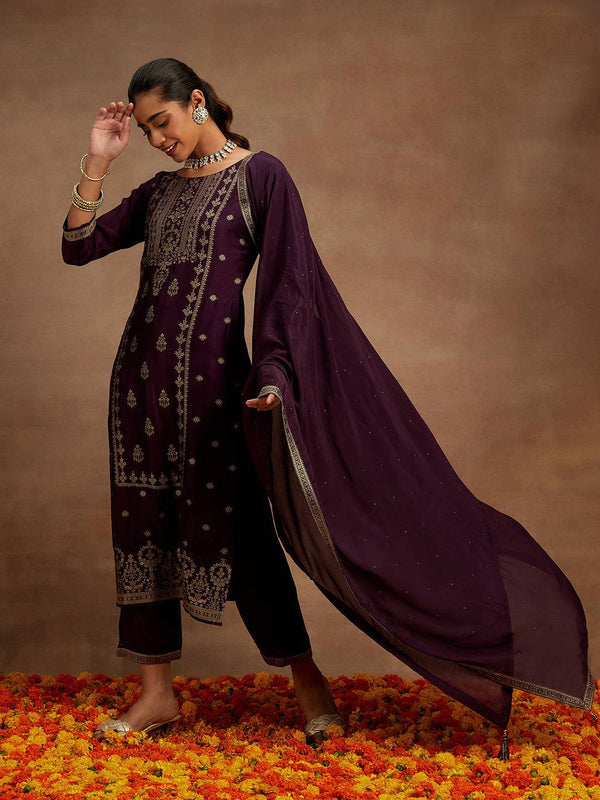 Wine Woven Design Silk Blend Straight Kurta With Trousers & Dupatta - Jashvi