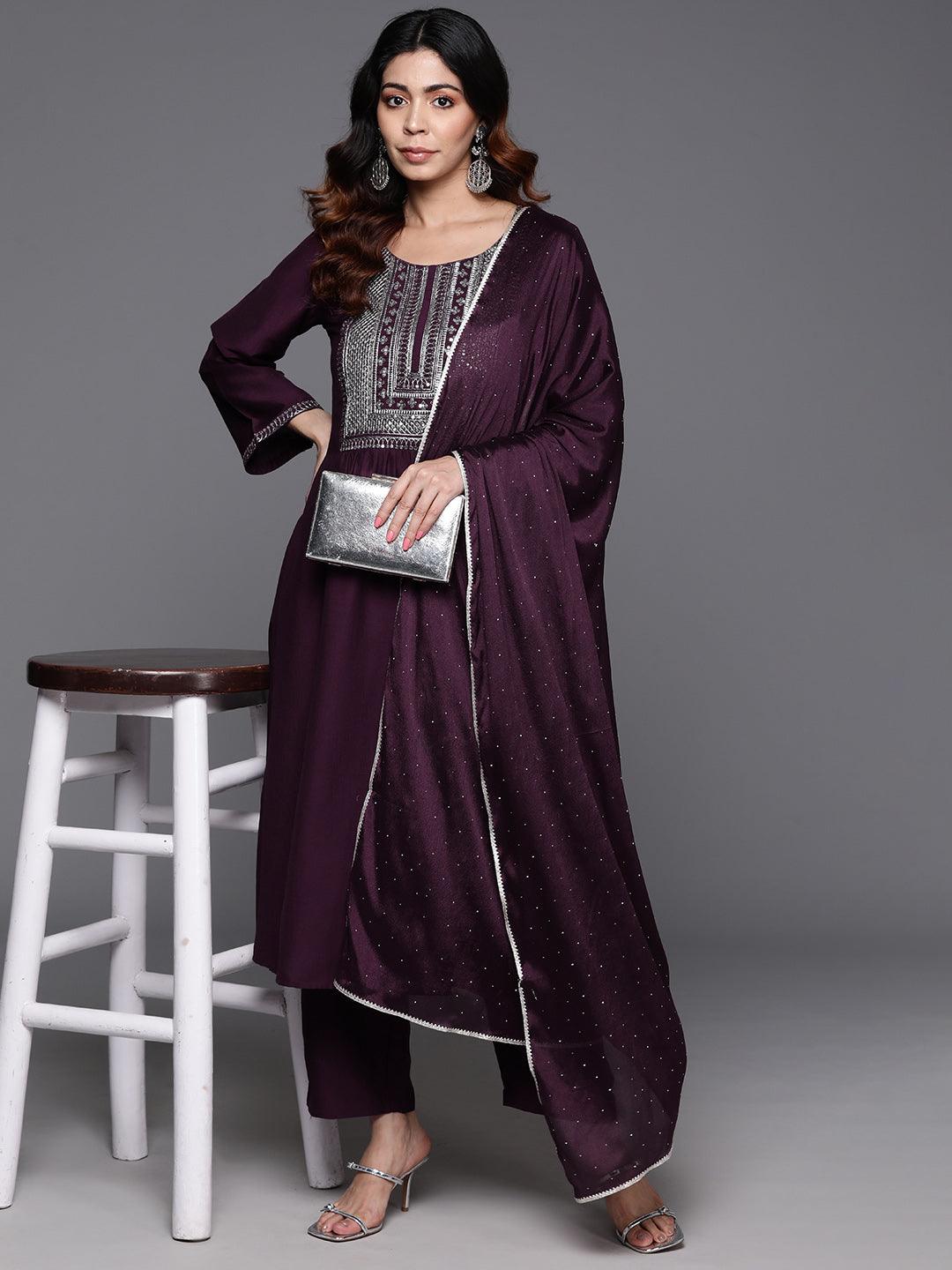 Wine Yoke Design Silk Blend A-Line Kurta With Trousers & Dupatta - Jashvi