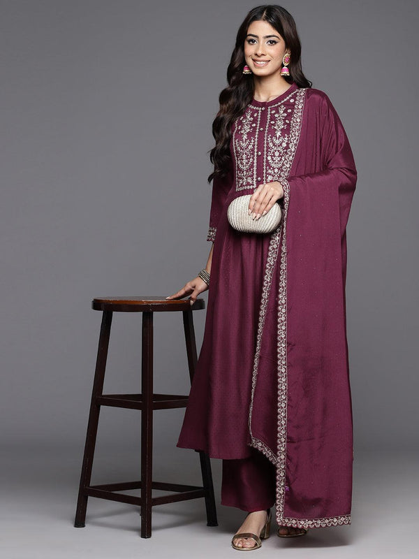 Wine Yoke Design Silk Blend Anarkali Kurta With Palazzos & Dupatta - Jashvi