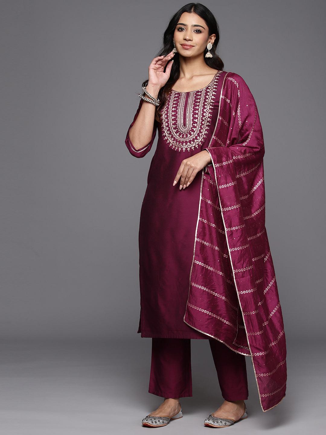 Wine Yoke Design Silk Blend Straight Kurta With Trousers & Dupatta - Jashvi