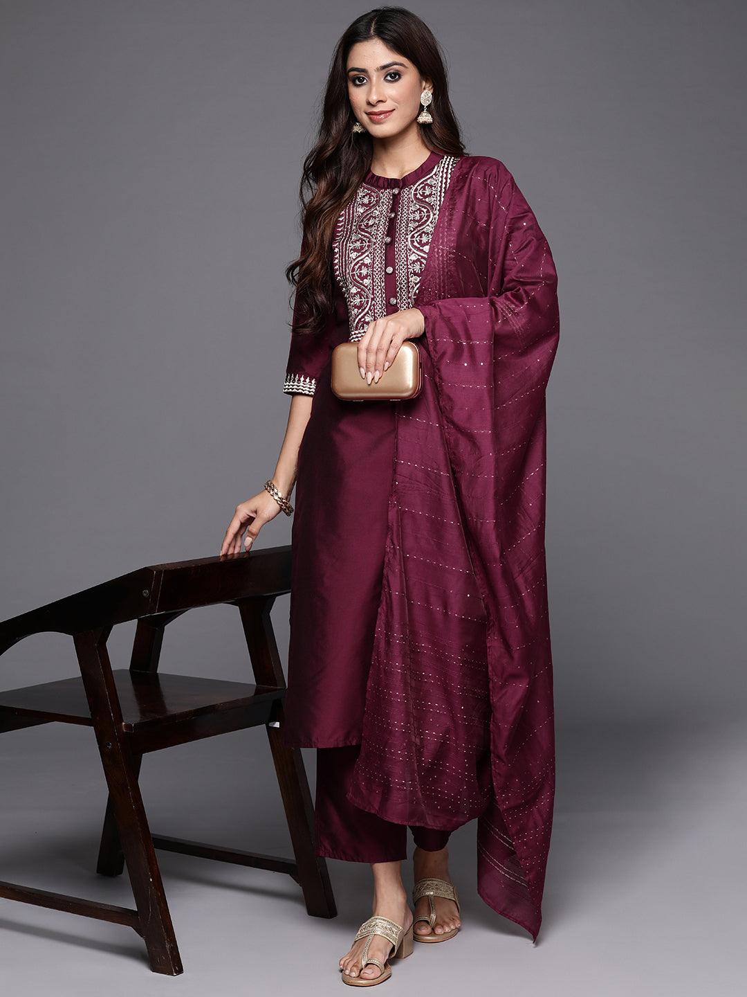 Wine Yoke Design Silk Blend Straight Kurta With Trousers & Dupatta - Jashvi