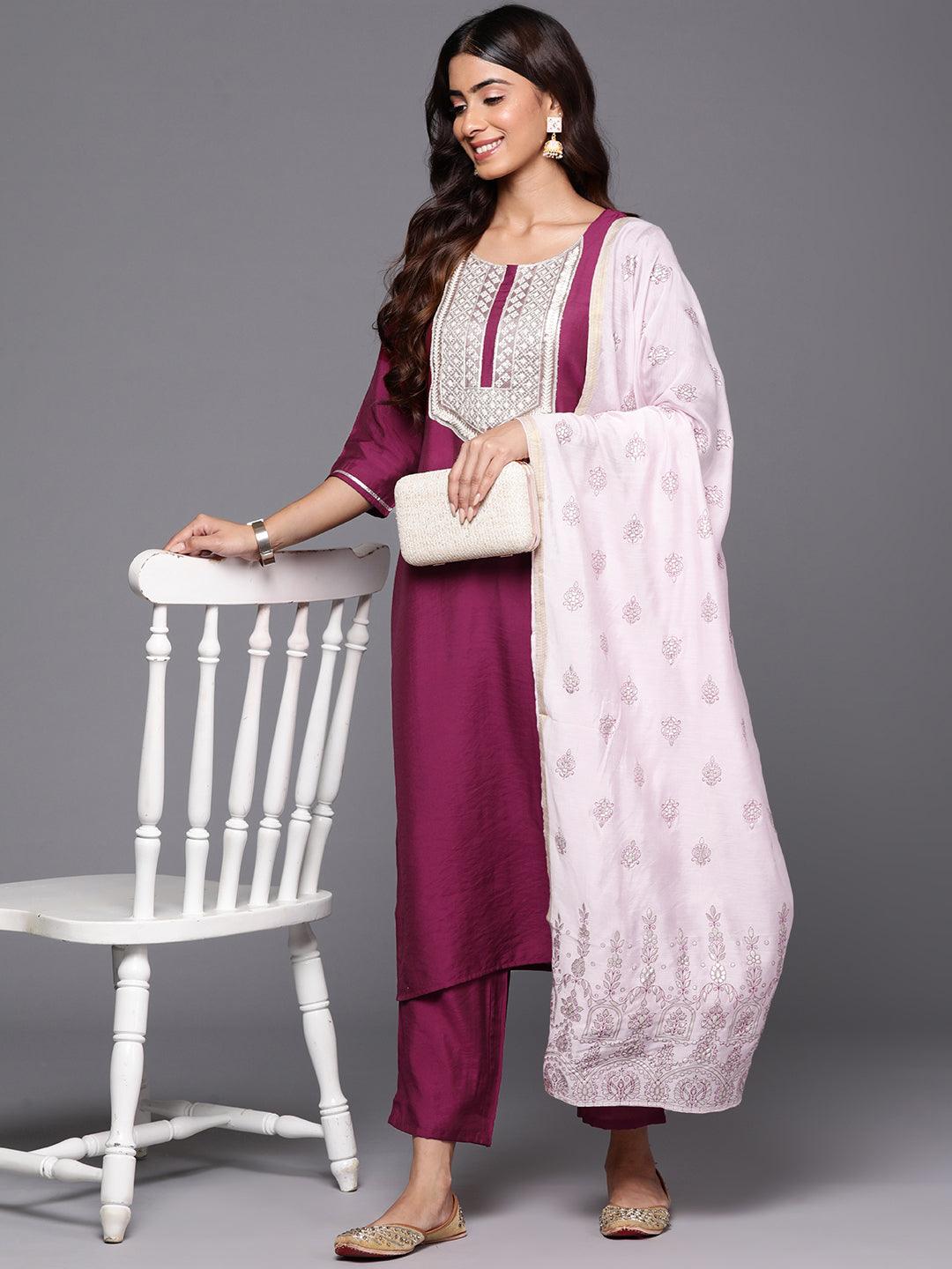 Wine Yoke Design Silk Blend Straight Kurta With Trousers & Dupatta - Jashvi