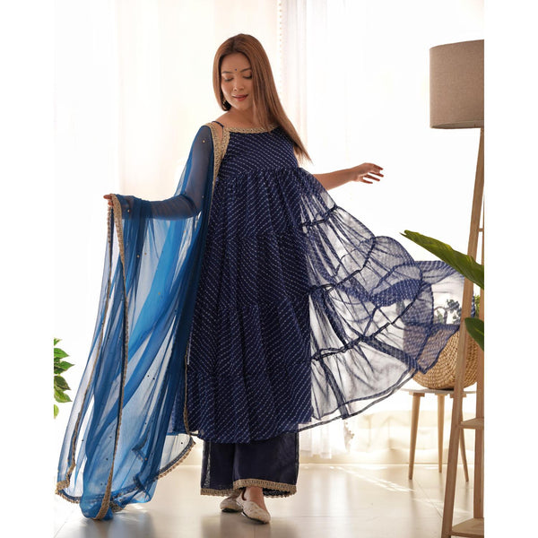 Women's Navy Blue Leheriya Anarkali Palazzo Set With Dupatta - Rangpur