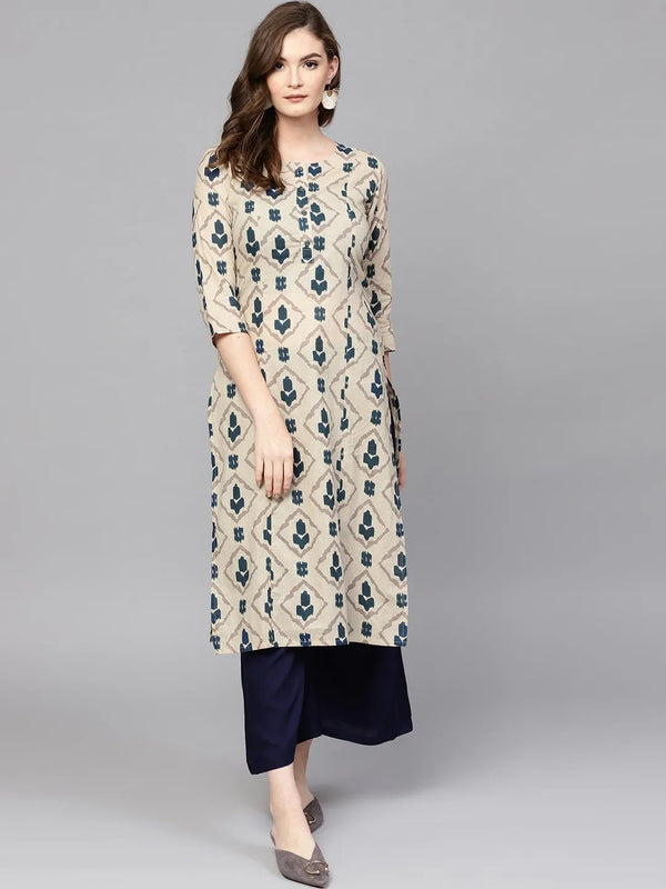 Beige & Navy Blue Printed Pure Cotton Kurta-Indiakreations-JS1555KURBGS